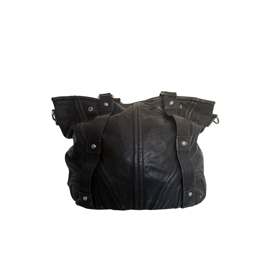 Black Leather Bebe Tote Bag with shoulder strap silver hardware - Picture 5 of 7